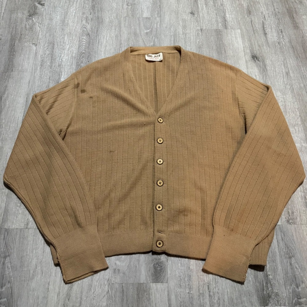 Vintage Big Jeff Lord Jeff Tan Ribbed Cardigan Sweater Mens 2XL Made USA Orlon